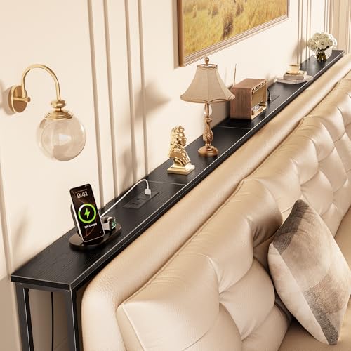 Image of Huuger 133.9 Inch Sofa Table with Power Outlets, Skinny Behind Couch Table | 5.9 Inch Narrow Entryway Table, Extra-Long Console Table, Behind the Couch Table with Outlet for Living Room, Black