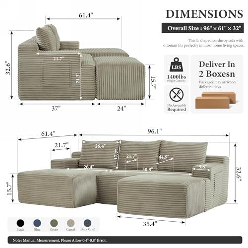 Image of 96 inch Sectional Couches for Living Room Cloud Couch Sofa with L-Shape Upholstered Boneless Couchs Modern Modular Sectional Couch with Chaise