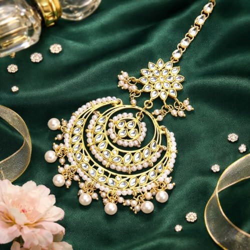 Image of I Jewels 18K Gold Plated Traditional Kundan Studded with Pearls Maang Tikka for Women /Girls