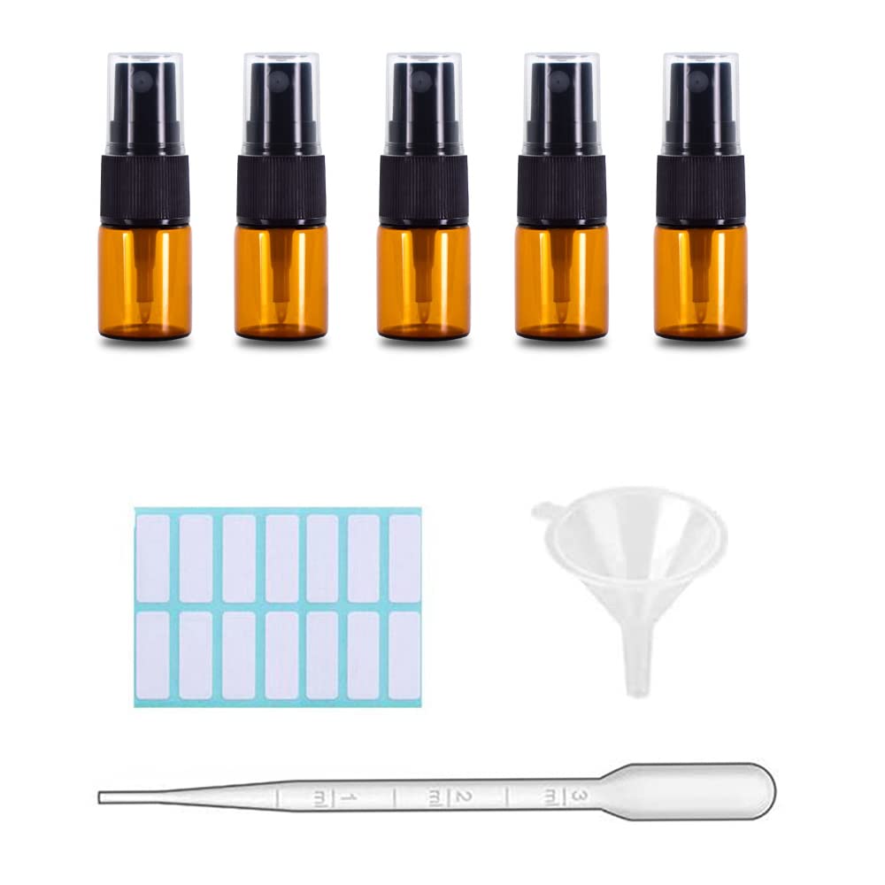 SKYPRO 5Pcs 5ml Amber Glass Spray Bottles, Fine Mist Spray Bottles with Pipette Funnel Labels, Mini Travel Dispenser Bottles for Essential Oils Cleaning Skin Care