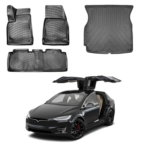 Floor Mats & Cargo Liner fits Tesla Model X 5 Seats 2016-2023 Custom Fit All-Weather TPE Floor Liners 3D Laser Measured Waterproof Durable Black (Front Rear & Cargo Set)