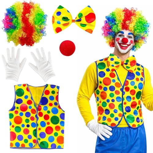 GWAWG Lot de 5 accessoires de costume de clown, perruque de clown multicolore, nez de clown rouge,...