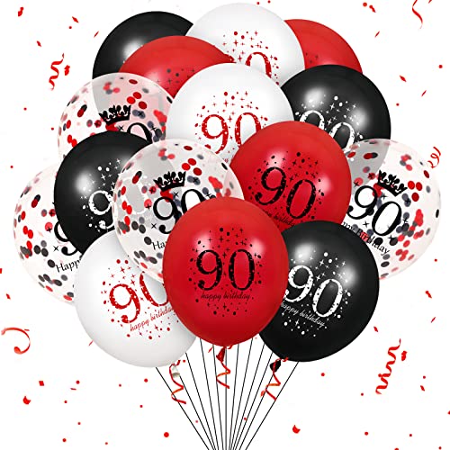 Image of 90th Birthday Balloons, 16Pcs Red Black Happy 90th Birthday Balloons Decorations for Women Men Cheer 90 Years Old Party Decor Supplies