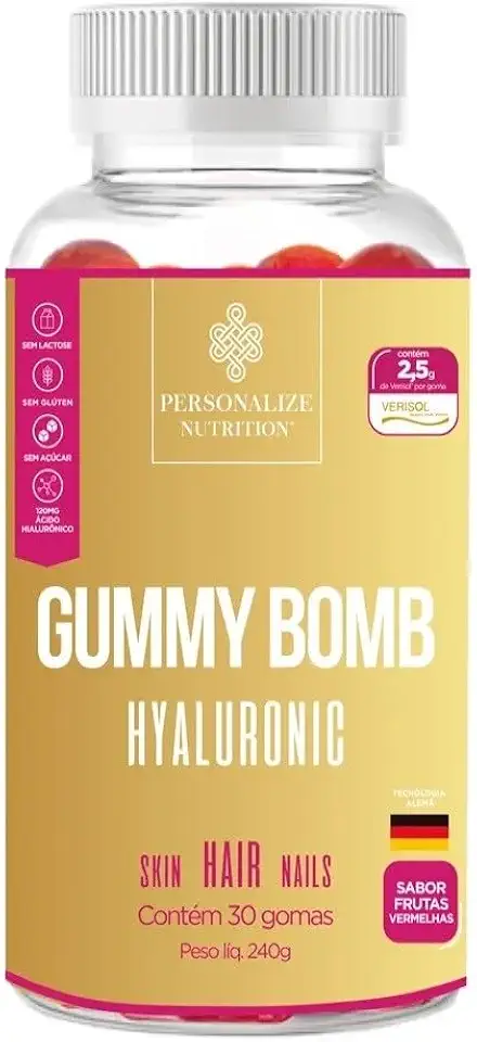 Gummy Bomb Hyaluronic - Colageno Verisol com Tecnologia Alemã - 30 Gomas com 120mg de Ácido Hialurônico, 2,5g de Verisol por Goma, Silício Orgânico, Minerais e Vitaminas