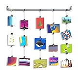 Hanging Photo Organizer Rail With Chains and 32 Clips Gray