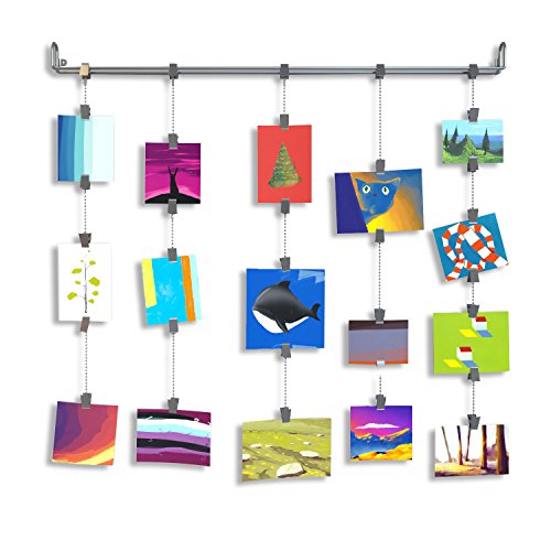 Hanging Photo Organizer Rail With Chains and 32 Clips Gray