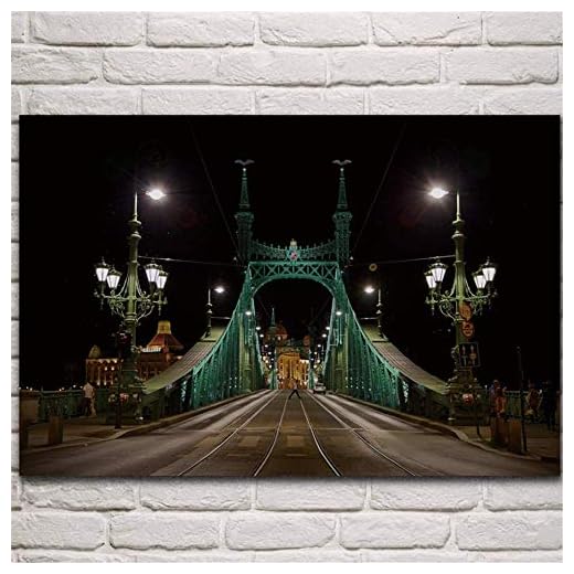 Crazystore Canvastryck 60 x 80 cm (23,6 x 31,5 tum) ingen ram frihet bro budapest stadsbyggnad nattbild vardagsrum hem vägg art deco affisch