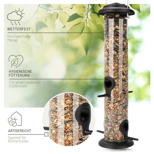 wildtier liebe Körner Futtersäule, Vogelfutterspender 38cm, Schwarz - aus rostfreiem Metall I Vogel-Futterstation, Vogelfutter-Säule, Wildvögel Futtersilo I Ganzjährige Vogelfütterung