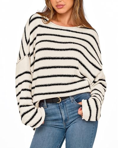 BTFBM Women's Striped Knit Sweaters 2025 Spring Fall Boat Neck Off Shoulder Long Sleeve Oversized Casual Pullover Tops