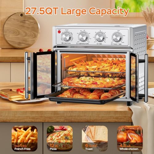 Image of PlumChef 27.5 Quart Extra Large 6 Slices Air Fryer Convection Toaster Oven, French Door, 1700W, Multifunction Oven for Air Fryer, Toast, Grill, Defrost, Bake (Stainless Steel)