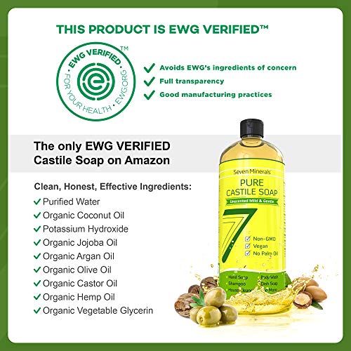 EWG Verified Castile Soap 33.8 fl oz - No Palm Oil, GMO-Free - Unscented Mild & Gentle Liquid Soap For Sensitive Skin & Baby Wash - All Natural Vegan Formula with Organic Carrier Oils