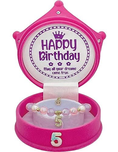 ZomefinKiu Girls 5th Birthday Princess - Pink Charm Bracelet, Crown Shape Keepsake Jewelry Box, 5 Year Old Girl Birthday Outfit for 5th Bday Party