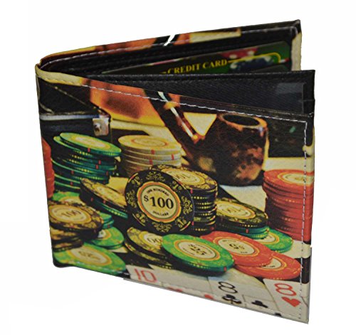 Mens Bifold Exotic Wallet Picture Casino Poker Chips with printed gift box.