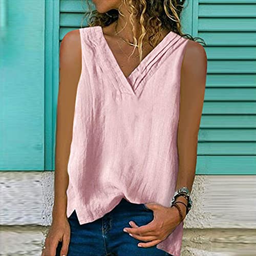 Hiriri Cozy Tank Tops For Women V Neck Sleeveless T-Shirts Summer Solid Shirt Casual Loose Blouse Vest Pink #TOP1