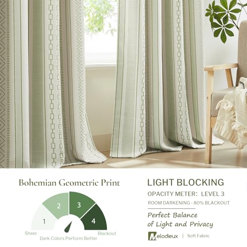 Rideaux occultants motif géométrique bohème vert sauge 243cm coton
