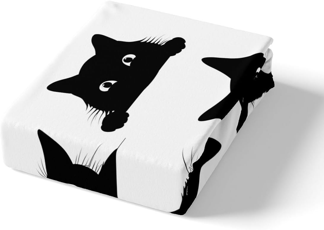 Feelyou Black Cat Bed Sheet Set for Kids Boys Girls Pet Cats Pattern Fitted Sheet Cute Kitten Print Bedding Set 3D Animal Theme Bed Cover Bedroom Decor 2Pcs Twin Size White