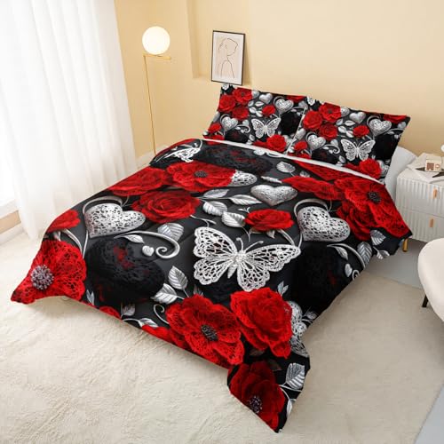 Image of QOOMO Red Flowers Kids Bedding Set,Cartoon Plants Comforter Set Full Size for Boys Girls Teen Room Decorat,Soft Lightweight Bed Set All Season,1 Comforter 2 Pillowcases
