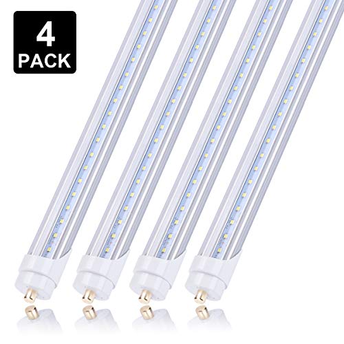 Jomitop 8Ft Led Tube Light,T8 Led Light Bulb 8 Foot, 45W (100W Equivalent),Single Pin Fa8 Base Led Shop Lights,Dual-Ended Power, Cold White 6000K, 5400Lm, Clear Cover, Ac 85-277V 4 Pack #TOP7