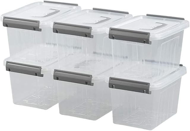 Jandson Small Clear Storage Box, Latching Bin Container with Gray Handle, Pack of 6