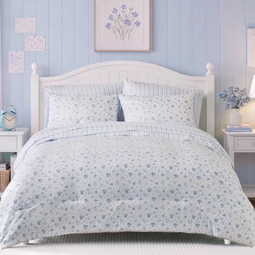 Image of BLOOMHAVEN Full Size Comforter Set for Girls, 7 Pieces Blue Mist Floral Bedding Set, All Seasons Kids Bed in a Bag with Sheets, Pillowcases & Shams