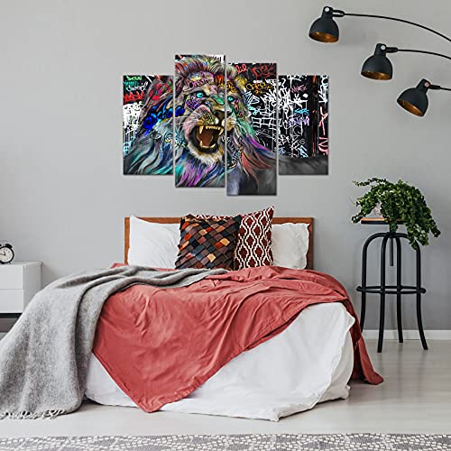 4 Panel Graffiti Lion Canvas Art Pictures Wall Decor The Lion King Abstract Artwork Black And White Lion Head Framed Canvas Prints Painting Modern Street Art Home Decor For Living Room Ready To Hang #TOP4