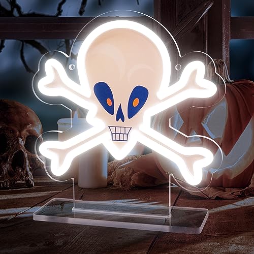 Halloween Skull Neon Signs, Skull Neon Light Sign for Bedroom Wall Decor, USB Powered Light up Sign with Base, Skull LED Signs Room Decor Aesthetic for Halloween Decoration, Gift, 7.87"×8.27"