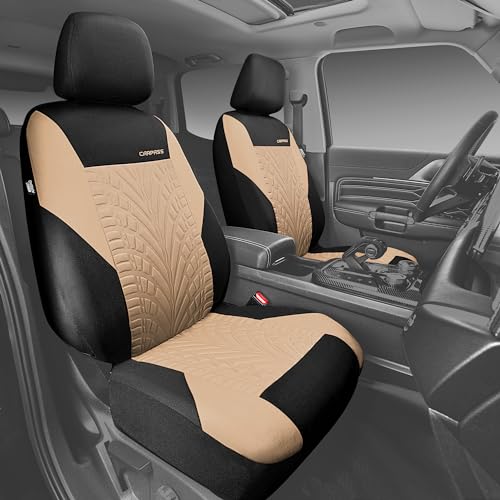 Image of CAR PASS Car Seat Covers Two Front Only for Car, 3D Tyre Print Automotive Interior Covers, Airbag Compatible, Quick Setup Universal Fit Seat Covers for Car, Truck, SUV(Black and Beige)