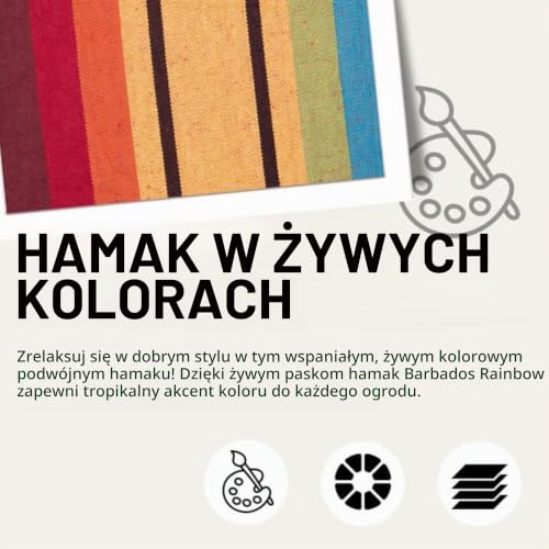 AMAZONAS Klasyczny hamak XL Barbados Rainbow wykonany ręcznie w Brazylii, nośność do 200 kg z 230 x 150 cm dla 1-2 osób w kolorowych paskach