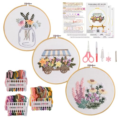 Looples Embroidery Kit for Beginners and Adults with Video Tutorials – DIY Starter Kit with 3 Stamped Floral Patterns, Hoops, Threads, Needles, and Instructions - Cart, Glass Jar, and Flowers