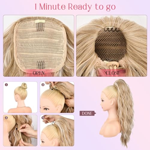 PORSMEER 30inch Long Curly Drawstring Ponytail Extension Natural Wavy Curly Synthetic Hairpiece for Women Daily Use Easy to Wear,Blonde with White Blonde Highlights - Image 3