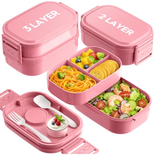 Pure Whimsy Bento Lunch Box, 65 oz 3-Tier Stackable Lunch Container, Adjustable 2/3 Tier Design, BPA-Free Food-Grade Plastic, Leakproof, Microwave & Dishwasher Safe, Pink by Pure Whimsy - Used condition - US$12.40