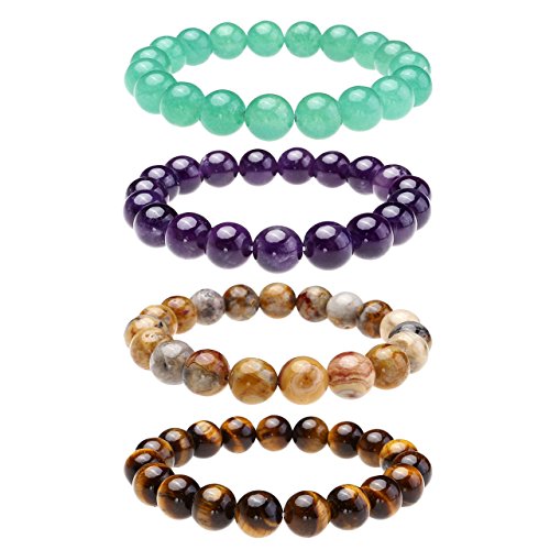 Top Plaza Semi-Precious Gemstones Healing Power Crystal Stretch Beaded Bracelet (Amethyst/Tiger Eye Stone/Green Aventurine/Crazy Agate)