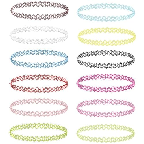 RAROUYI Juego de 12 collares de tatuajes 90s Accesorios 80s Estilo Vintage 2000s Joyas, Talla Única Mujer Adolescente Niña, Collar Elástico Multicolor para Mujeres, Adolescentes y Niños
