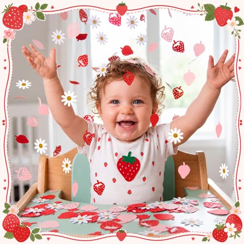 Image of Flutesan 200 Pcs Strawberry Confetti Pink Red Berry White Daisy Confetti Strawberry Dessert Table Decorations for Sweet Berry First Birthday Wedding Bridal Baby Shower Party Supplies