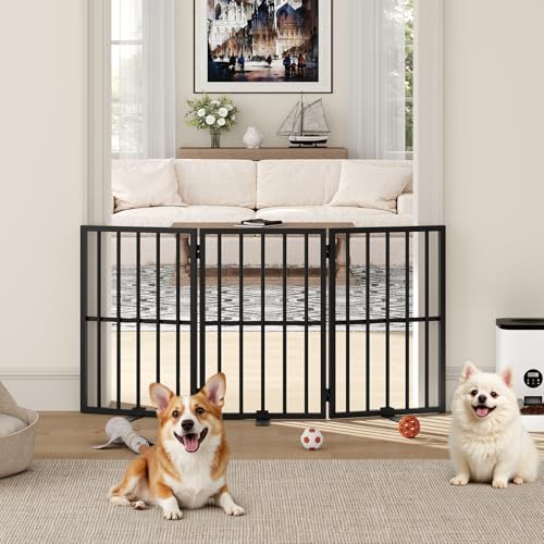 Dog Gate Indoor, Freestanding Foldable Pet Gate for The House, Doorway, Stairs, 48.2" W x 23.6" H Metal Step Over Fence with Support Feet, 3-Panel Pet Puppy Safety Fence, Black DGBK6001