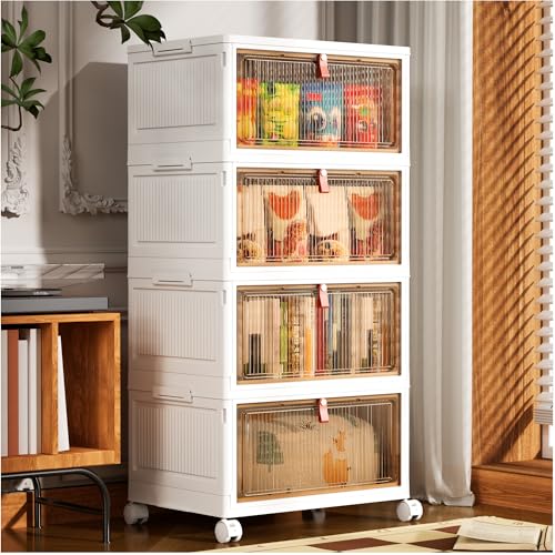 PueKeep Storage Boxes with Lid - 28L*4 Tier Plastic Storage Box with Lid, Stackable Boxes with Wheels, Storage Drawers with Front Door, Plastic Box for Home and Office, White, 4 Packs
