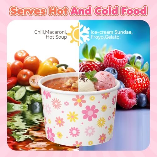 Image of Funnymoom 50 Pack Groovy Ice Cream Cups 9 oz Boho Daisy Disposable Dessert Bowls Flower Paper Soup Bowls Snack Cups for Hot or Cold Food Daisy Retro Hippie Baby Shower Wedding Birthday Party Supplies
