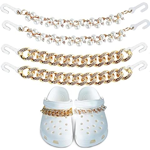 ARUN Set of 2 Bling Gold Pearl and Rhinestone Chains accessories Compatible with Croc Shoes - 4 Pieces Cover