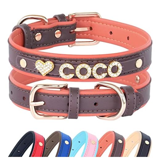 Beirui Personalized Dog Collars with Bling Rhinestone Pet Name Letters - Custom Padded PU Leather Dog Collar for Puppy Small Dogs,Brown,Neck 10-13" Fit Chihuahua Poodle Shih Tzu