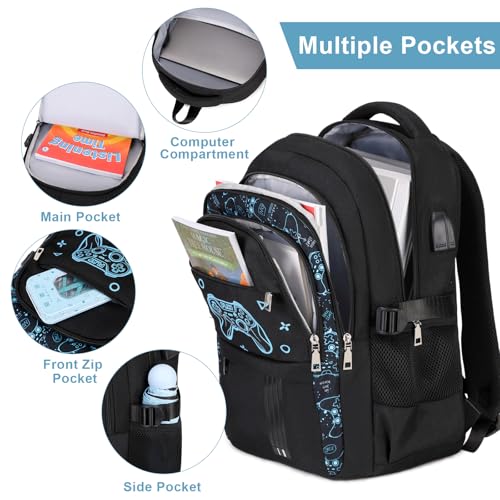 Image of ACESAK 4PCS Boys Backpack with Wired Headphones, Lunch Bag & Pencil Case | Lightweight School Backpack with 3.5mm Wired Headphones for School Kids Children Kindergarten Elementary, Black Game
