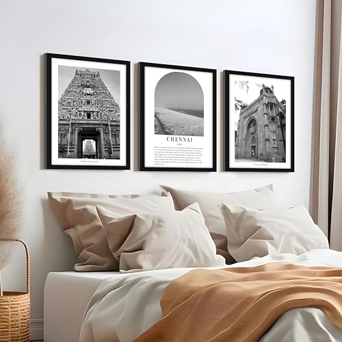 Image of PAINTINGMANTRA Wall Art for Home A3 Chennai Wall Art Prints Pack of 3 Framed Wall Decor Featuring Heritage Landmarks, Famous Historic Monuments Wall Art for Living Room, Bedroom, Office (32x44 cm)