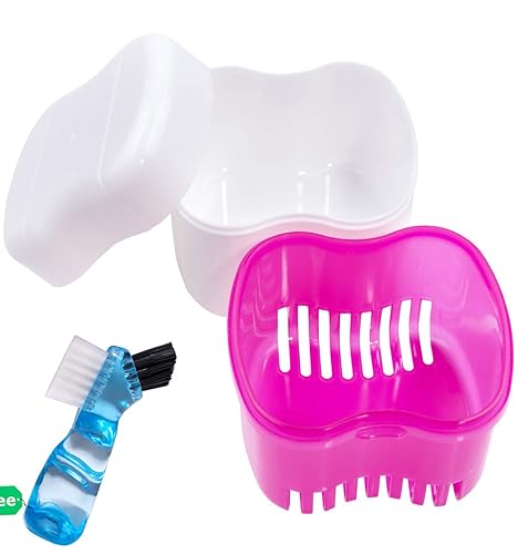 Estuche retenedor de cepillo de dentadura, estuche de dentadura, tazas de dentadura para baño, contenedor de dentaduras postizas con cesta soporte