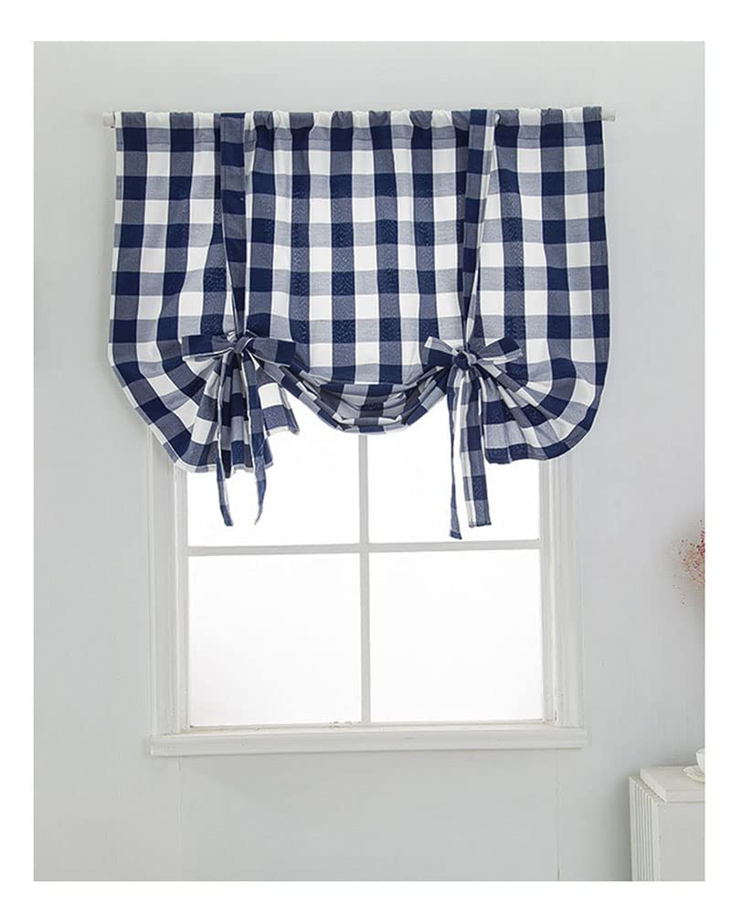 YAOTT Tie up Curtains Plaid Printed Roman Blinds Kitchen Curtains Small Kitchen Darkening Window Curtains Half Short Window Drape Panel Shading Blinds Curtain for Indoor Balcony Navy