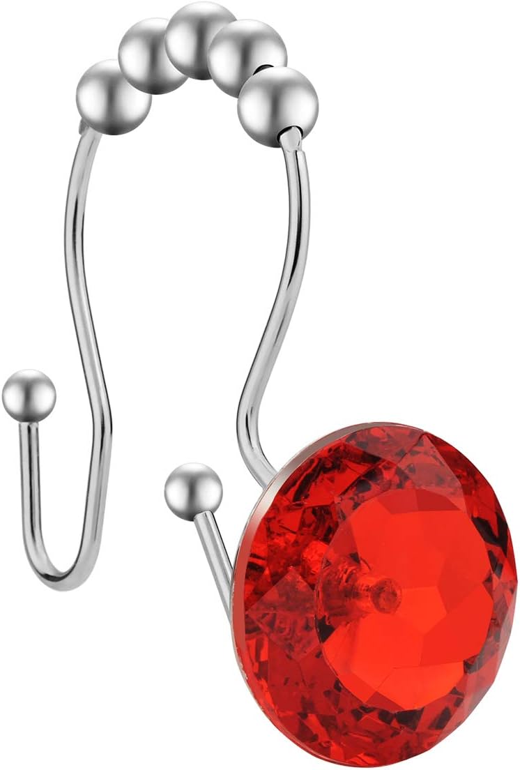 Amazer Shower Curtain Hooks Rings, Acrylic Double Shower Curtain Rings Stainless Steel Rust-Resistant Double Glide Shower Hook Ring for Bathroom Shower Rods Curtain and Liner, Red, 12 PCS