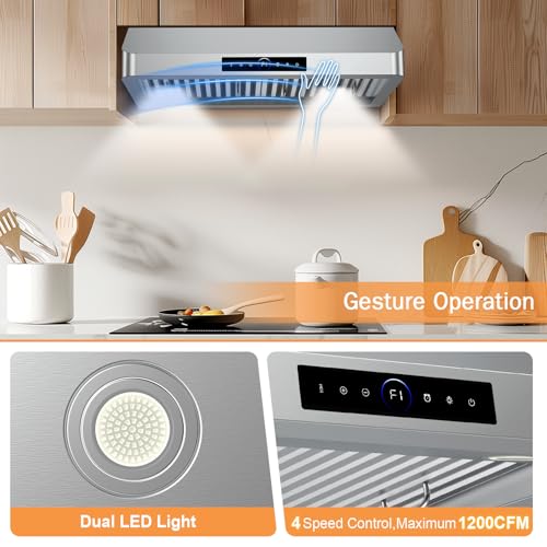 30 Inch Under Cabinet Range Hood 1200CFM, 4-Speed Kitchen Hood with Touch Control & Gesture Sensing Stainless Steel Kitchen Stove Vent Hoods with 2 LED Lights Supreme Series