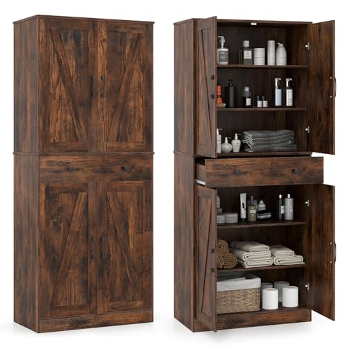 COSTWAY Armoire de Rangement 183 cm, Armoire Chambre 4 Portes avec Grand Tiroir, 3 Étagères Ajustables, Style Porte Grange Moderne, 2 Kits Anti-Basculement,...