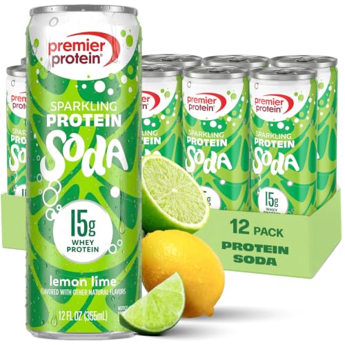 Image of Premier Protein Sparkling Protein Soda, Lemon Lime, 15g Whey, 12 Pack | Soft Drink with Benefits, 5 Ingredients, No Artificial Colors or Flavors, 3g Sugar, 12 oz