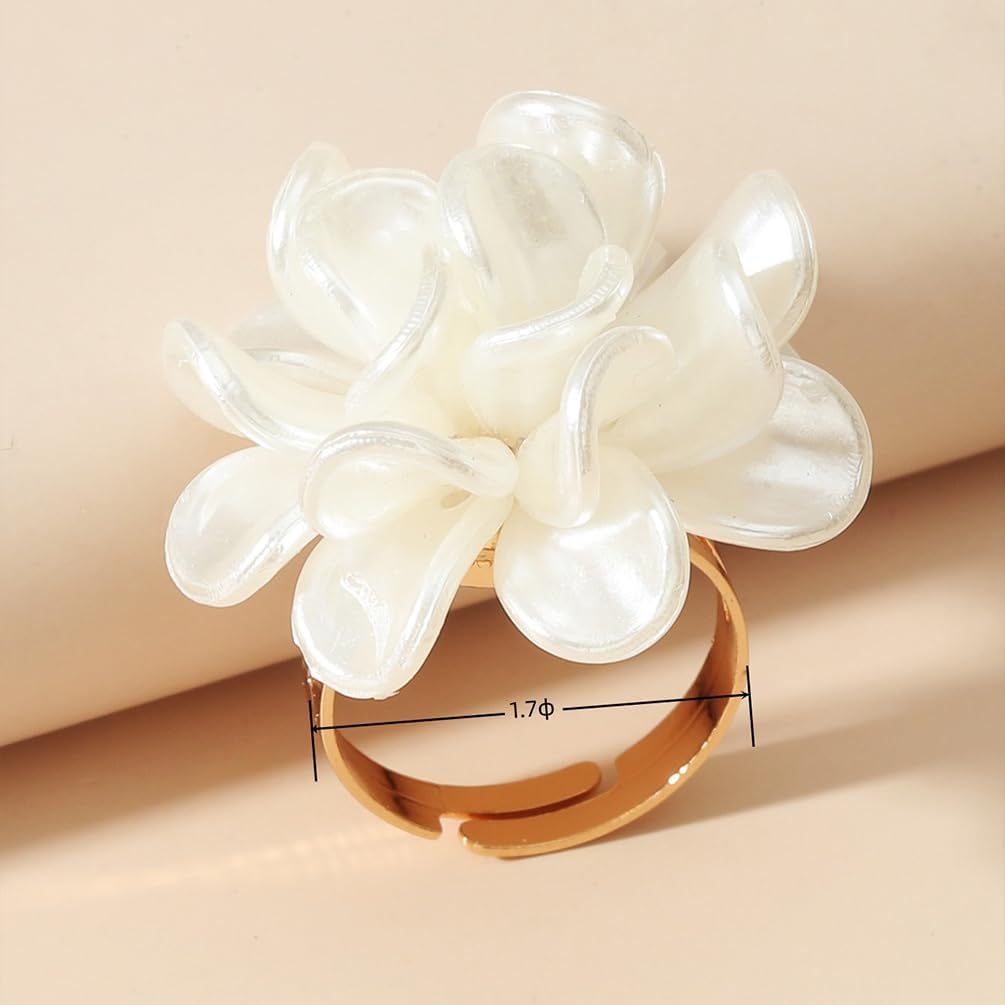 Statement Vintage White Pearl Shell Flower Gold Ring for Women Adjustable, Dainty Cute Floral Petal Camellia Open Rings Charm Party Holiday Jewelry Gift - Image 2