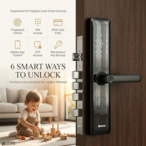 Image of Golens X33 Glossy Smart Door Lock | 6-in-1 Keyless Entry | Fingerprint, PIN, RFID, OTP, Mobile App & Key | WiFi Digital Lock (No Gateway Required) | Anti-Theft Alarm | Fits 30-100mm Doors