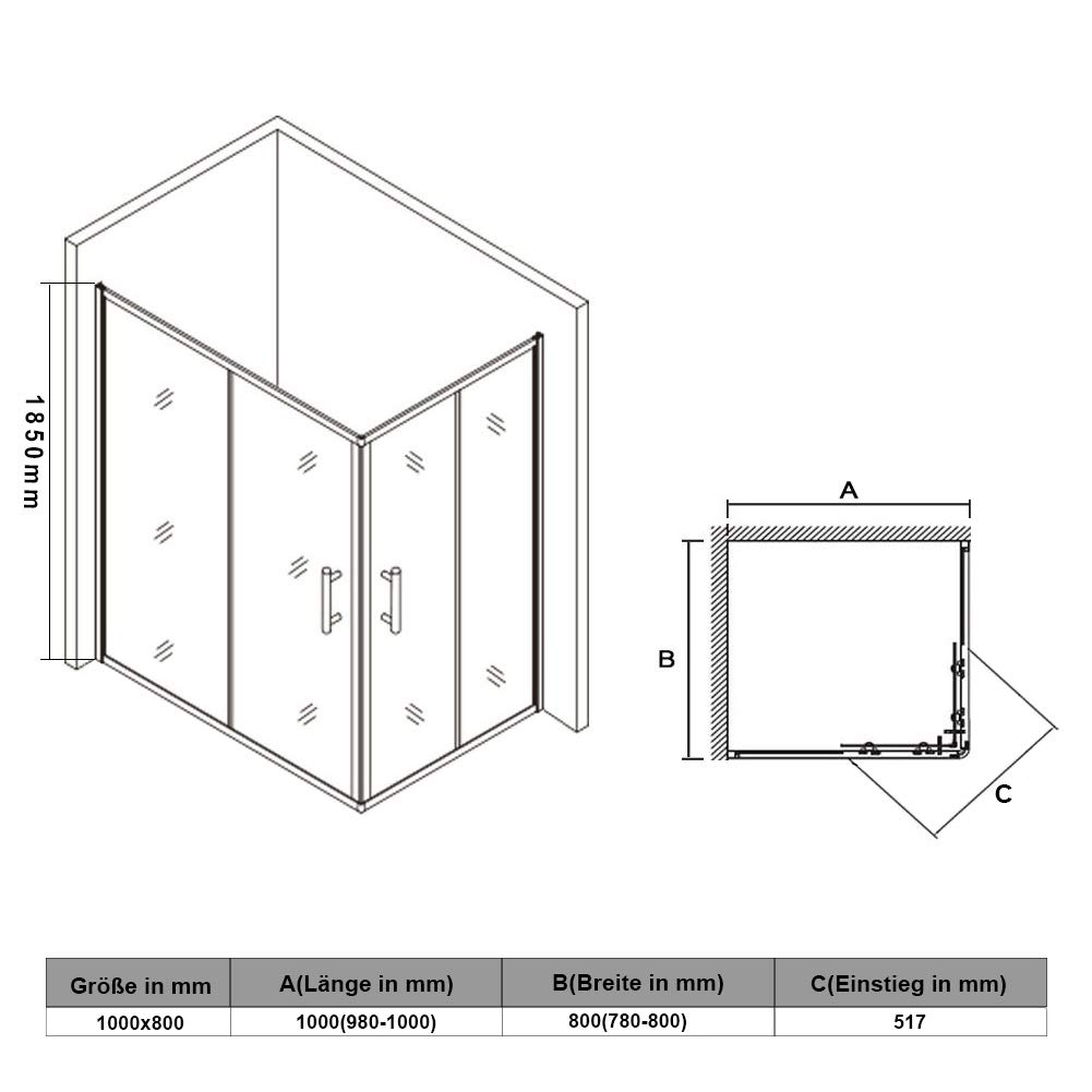 SONNI Mampara de Ducha Angular Puertas Corredera 100x80cm,Puertas de Ducha Apertura Central con Vidrio Templado de Seguridad 5mm